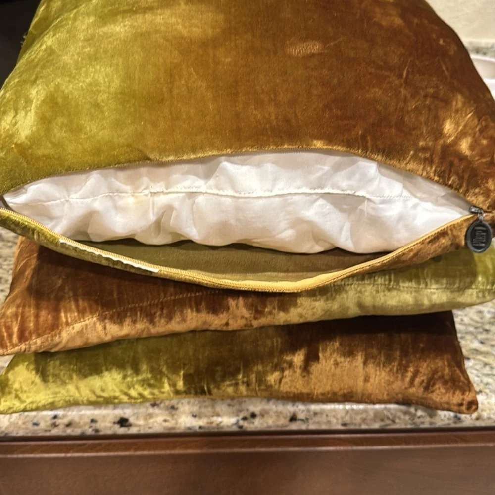 Pier One Velvet Two Color Green Brown Square Decorative Pillow Set